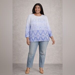 Alfred Dunner Women’s 3X Plus Blue Paisley Long Sleeve Scoop Neck Knit Top